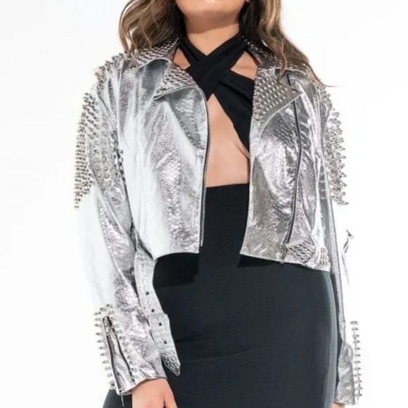 PLUS AZALEA WANG SILVER STUDDED OUT CROP MOTO - Picture 8 of 9